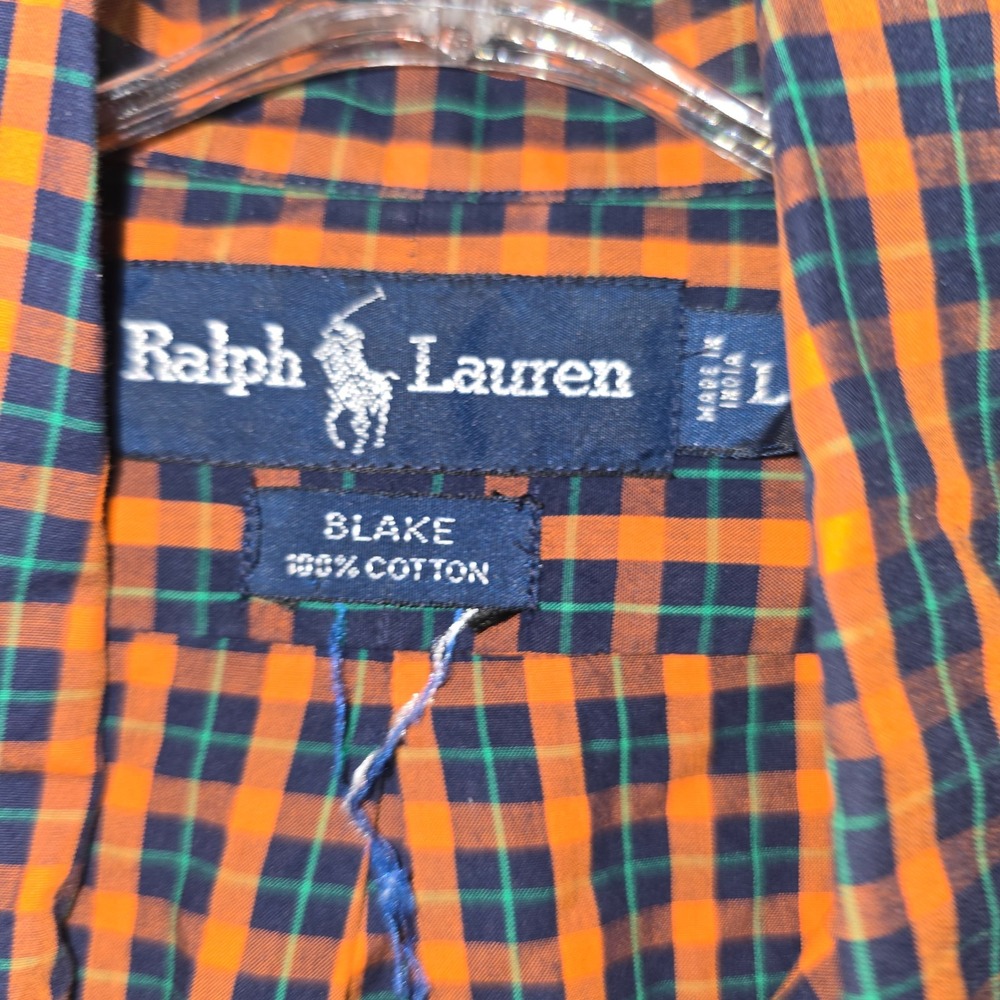 Ralph Lauren Button Down Shirt Large Men Orange Navy Plaid Blake Cotton Long Slv - Picture 4 of 8